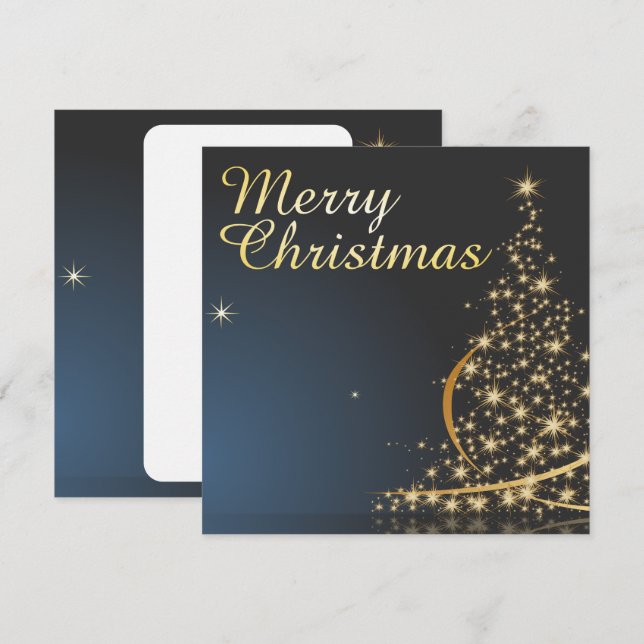 Blå julstämning med gyllene julgran inbjudningar (Fram/baksida)
