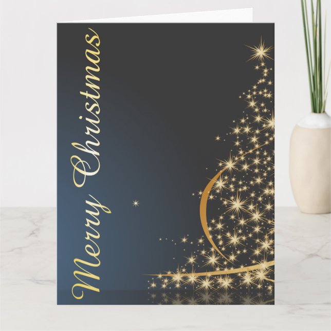 Blå julstämning med gyllene julgran kort (Framsida)