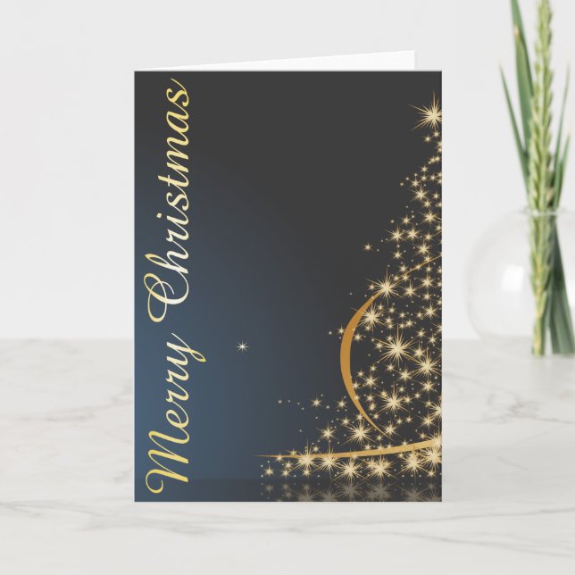 Blå julstämning med gyllene julgran kort (Framsida)