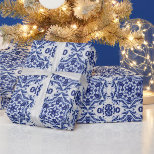 Blå julstjärnor på Vita Chinan Mönster Presentpapper