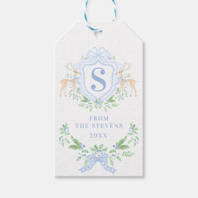 Blå jultomte, Vapensköld Monogram med Namn Presentetikett (Framsidan)