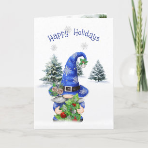 Blå julvinter Gnome med Träd Helgkort