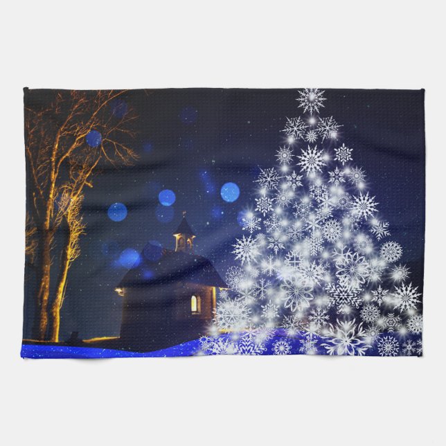 Blå Julvita helgdagarna träd Kökshandduk (Horisontell)