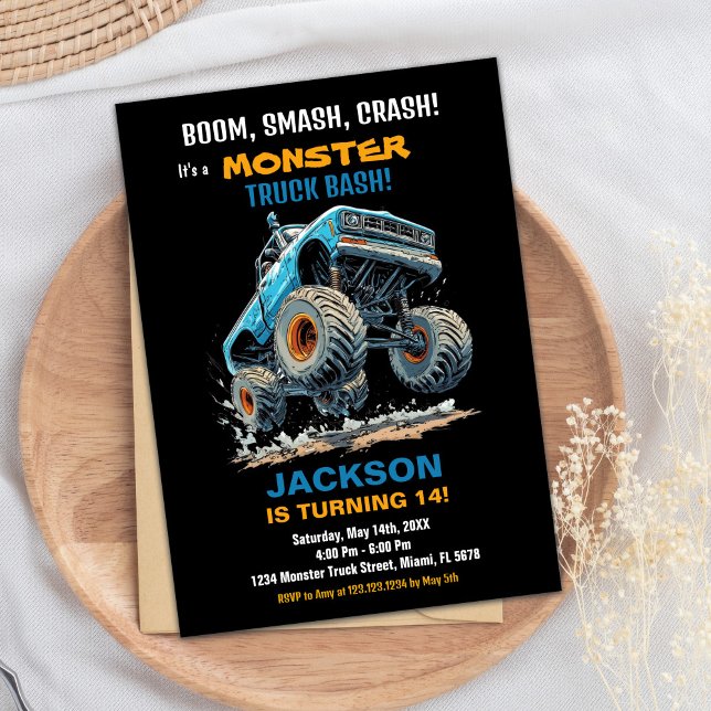 Blå jump i Monster Lastbil födelsedag Inbjudningar (Monster Truck Birthday Invitations Blue Jump)