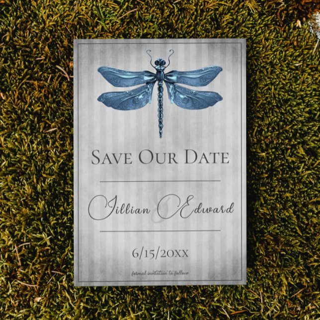Blå Juvelbesatt Slända Spara Datum Meddelande (Blue Jeweled Dragonfly Save the Date Wedding Announcement)