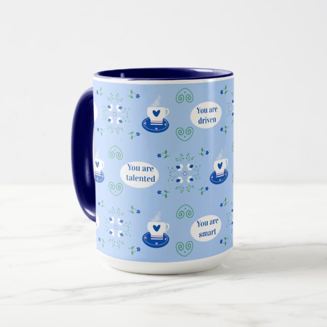 Blå kaffekopp affirmationer mugg  (Framsida vänster)