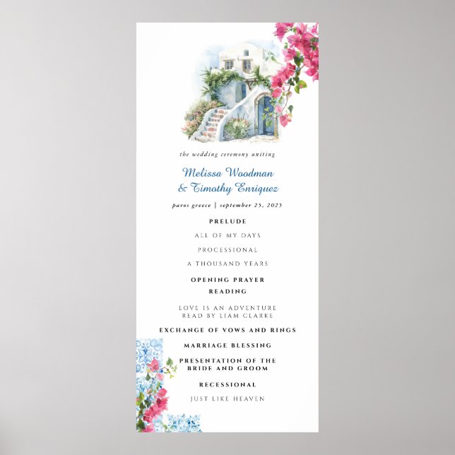 Blå Kakel Blommig | Grekland Bröllopsprogram Poster (Framsidan)