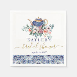 Blå kakel Bröllopsdusch te-dekoration Pappersservett