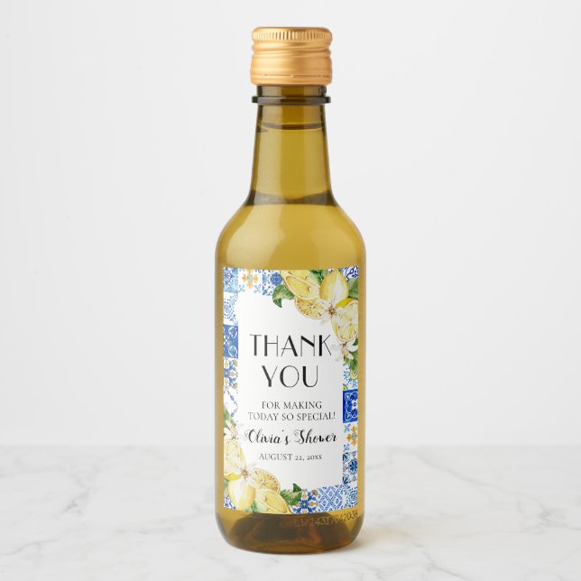 Blå Kakel Citron Bröllopsfest Etiketter för Vinfla (Framsida)