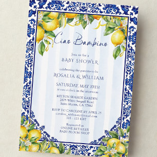 Blå Kakel Citron Ciao Bambino Pojk Babyshower Inbjudningar