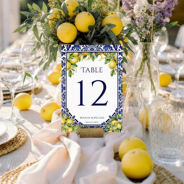 Blå Kakel Citron Medelhavet Bröllopsbord Bordsnummer (Skapare uppladdad)