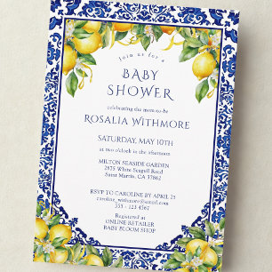 Blå Kakel Citron Medelhavs-inspirerad Baby Shower Inbjudningar