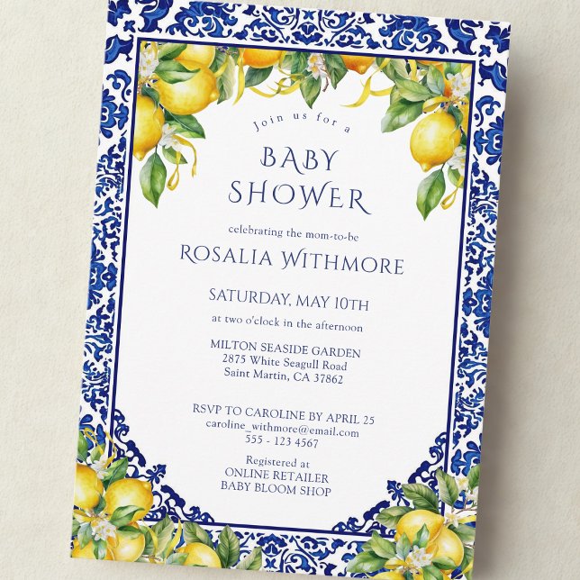 Blå Kakel Citron Medelhavs-inspirerad Baby Shower Inbjudningar (Skapare uppladdad)