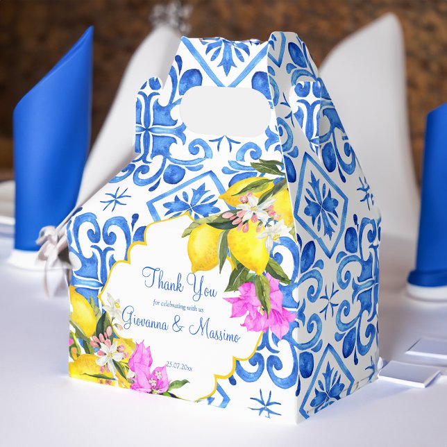 Blå kakel citronsmurka anpassad bröllopspresent presentaskar (Blue tiles lemon Bougainvillea custom wedding gift Favor Box)