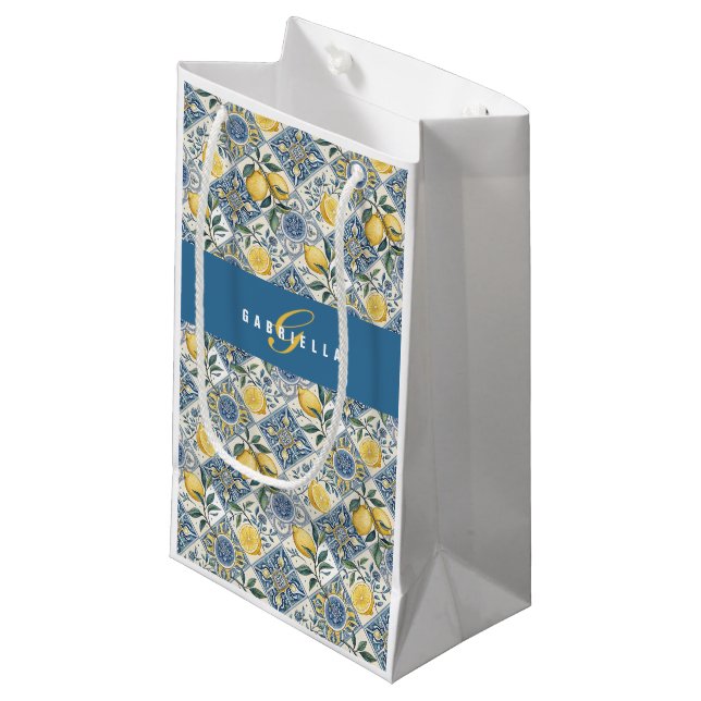 Blå Kakel Country Citron Vattenfärg Monogram Liten (Framsidan Vinklad)