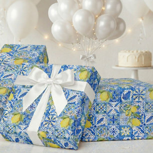 Blå Kakel Fransk Landsby Lemon Mönster Provencal Presentpapper