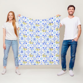 Blå Kakel Fransk Landsby Lemonmönster Fleecefilt