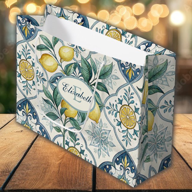 Blå Kakel Fransk Landsbygd Citron Mönster Monogram (Skapare uppladdad)