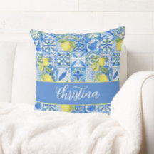 Blå Kakel Fransk Landsbygd Citron Mönster Monogram