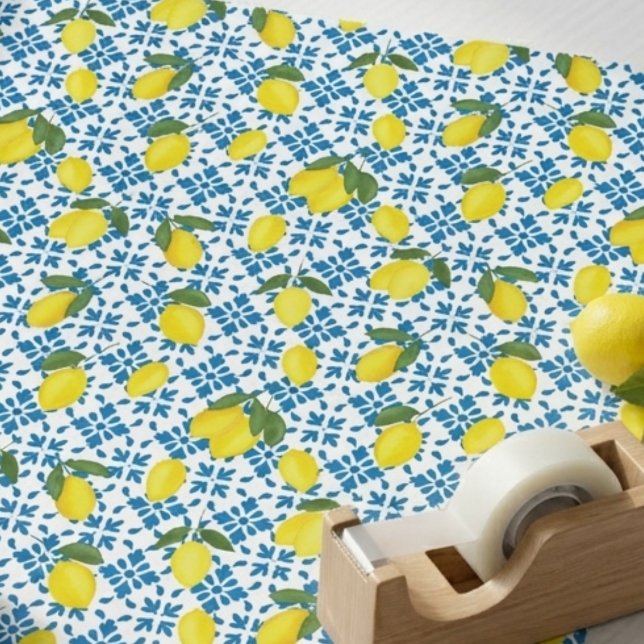 Blå Kakel Fransk Landsbygd Citron Mönster Presentpapper (Skapare uppladdad)