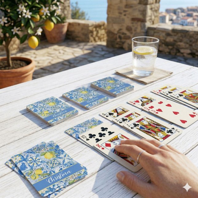 Blå Kakel Fransk Landsbygd Citron Mönster Provenca Casinokort (Skapare uppladdad)