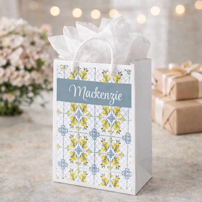 Blå Kakel Fransk Landsbygd Citron Namn Monogram (Skapare uppladdad)