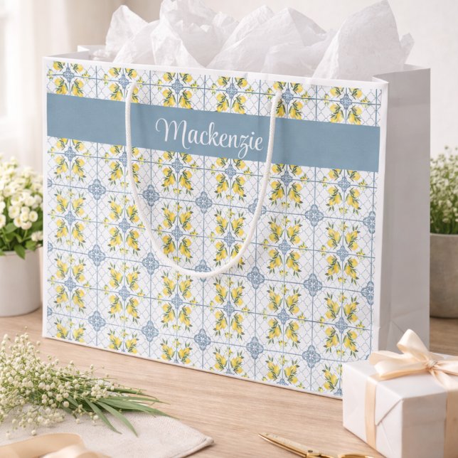 Blå Kakel Fransk Landsbygd Citron Namn Monogram (Skapare uppladdad)