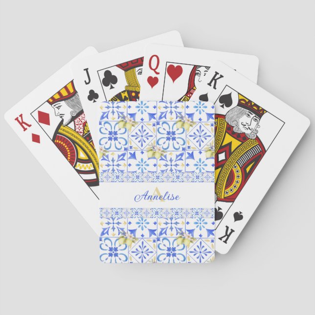 Blå kakel fransk landsbygd citronmönster monogram casinokort (Baksidan)