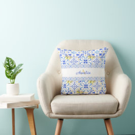 Blå kakel fransk landsbygd citronmönster monogram kudde