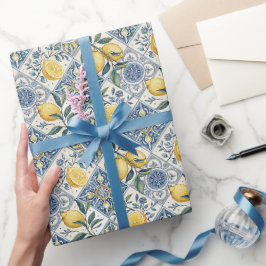 Blå Kakel Fransk Landstil Vattenfärg Citron Presentpapper