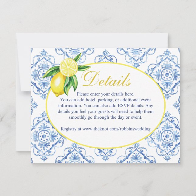Blå kakel italiensk blomster lemon detaljer kort (Framsida)