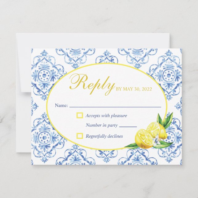Blå kakel italiensk blomster lemon svarskort OSA kort (Framsida)