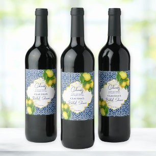 Blå kakel lemon Amalfi bröllopsfest fest skräddars Vinflaska Etikett