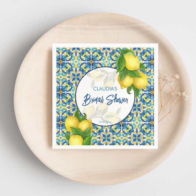 Blå kakel lemon Amalfi Positano bröllopsfest  Pappersservett (Blue tiles lemon Amalfi Positano bridal shower Napkins personalized tableware Mediterranean themed)