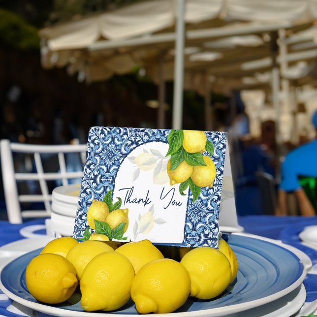 Blå kakel lemon Amalfi Positano italienska  Tack Kort (Blue tiles lemon Amalfi Positano Italian Thank You Card Mediterranean themed wedding bridal shower)