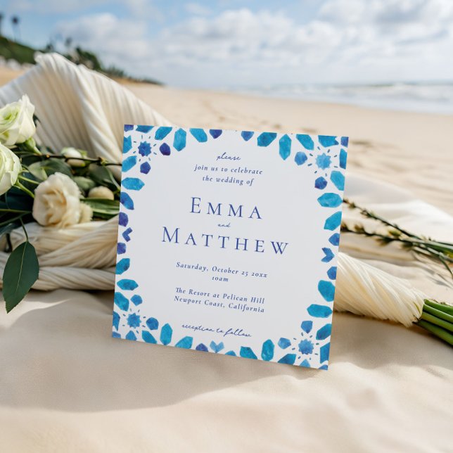 Blå kakel Marockansk geometrisk fyrkantig vigsel Inbjudningar (Skapare uppladdad)