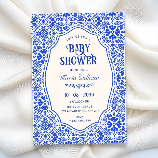 Blå kakel mönster konst baby shower inbjudningar (Skapare uppladdad)