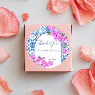 Blå kakel och Bougainvillea elegant tack Runt Klistermärke