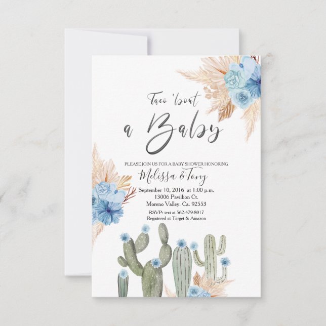 BLÅ Kaktus Taco 'bout BABY Pojk Babyshower Inbjuda Inbjudningar (Framsida)