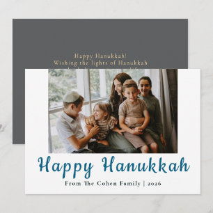 Blå kalligrafi Gladast Hanukkah familj 1 foto Julkort