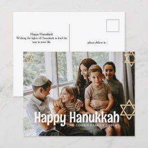 Blå kalligrafi Lycklig Hanukkah-familjen ett foto Helg Vykort