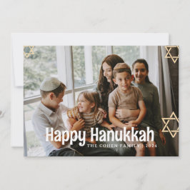 Blå kalligrafi Lycklig Hanukkah-familjen ett foto Julkort
