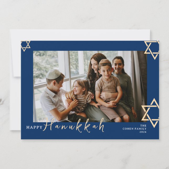 Blå kalligrafi Lycklig Hanukkah-familjen ett foto Julkort (Framsida)