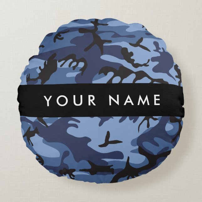 Blå kamouflage ditt namn anpassar rund kudde (Framsidan)
