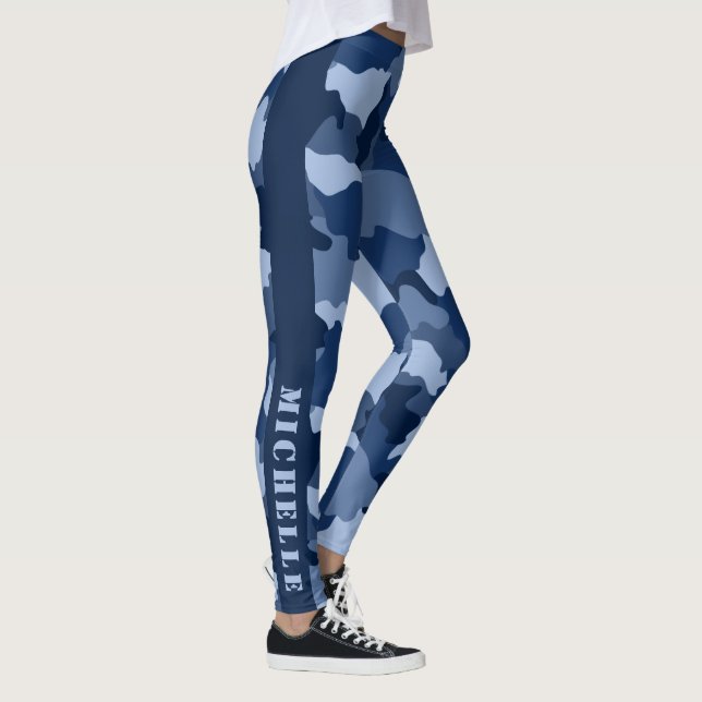 Blå kamouflage Mönster Monogram Namn Leggings (Höger)