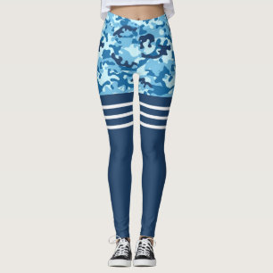 Blå kamoutre vit rand lår hög leggings