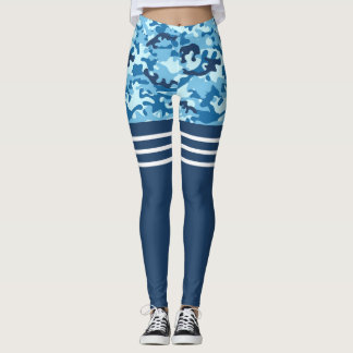 Blå kamoutre vit rand lår hög leggings