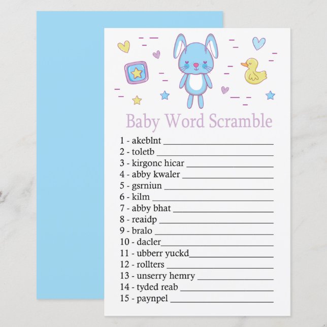 Blå Kanin Baby ord blandar spel (Fram/baksida)