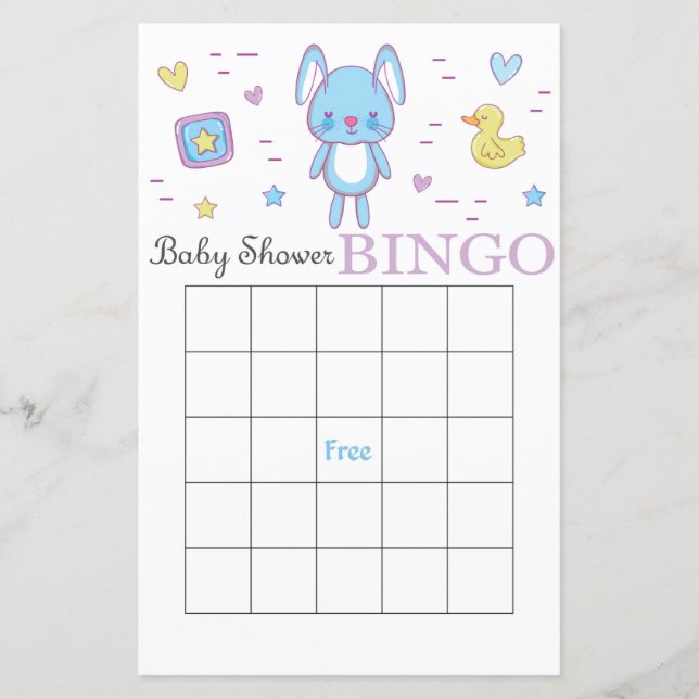 Blå kanin baby shower bingo kort (Framsida)