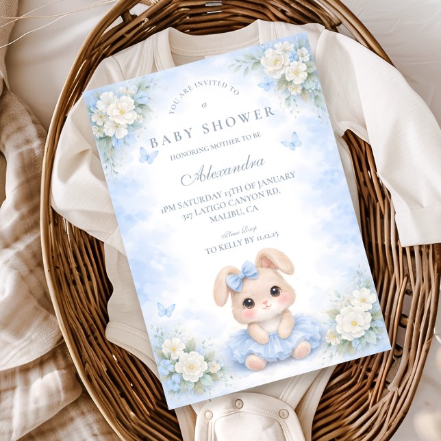 Blå Kanin Blommig Bebis-fest Inbjudningar (Skapare uppladdad)